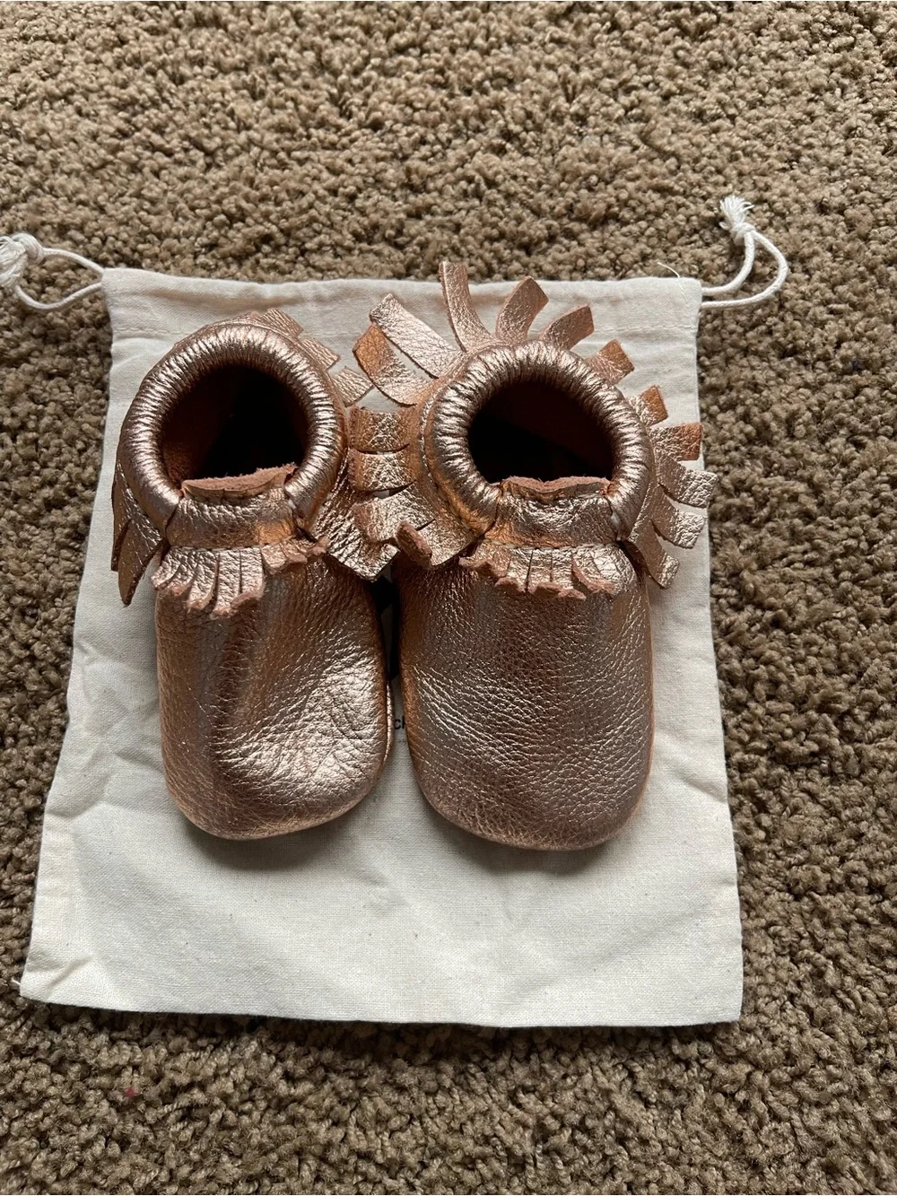 Freshly Picked Metallic Rose Gold Baby Moccasins with Fringe